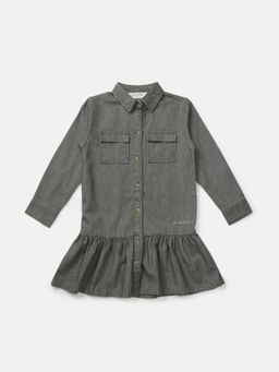 Gini & Jony - Girls Olive Cotton Full Sleeves Dress