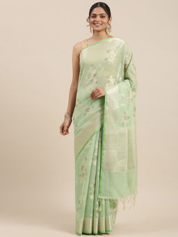 Banarasi Silk Works - Pistachio Masrise Cotton Alfi Boota Zari Border Saree with Unstitched Blouse