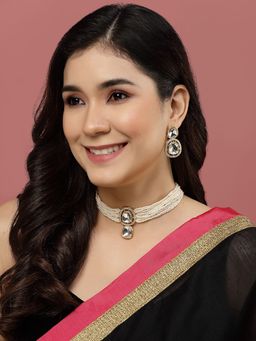 PANASH - Gold Plated Cz Studded & Pearl Beaded Choker Jewellery Set