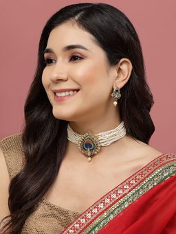 PANASH - Gold Plated Peacock Shaped Stone Studded & Pearl Beaded Choker Jewellery Set