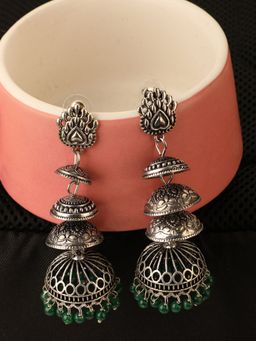 Anika's Creations - Anika's Creation Traditional German Silver Jhumki With Cute Green Tiny Drops