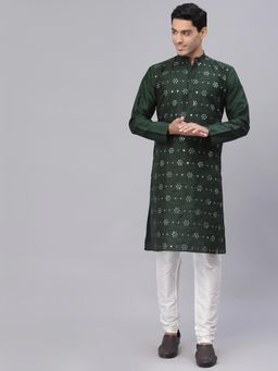 NEUDIS - Men Green Dupion Silk Mirror Work Straight Kurta