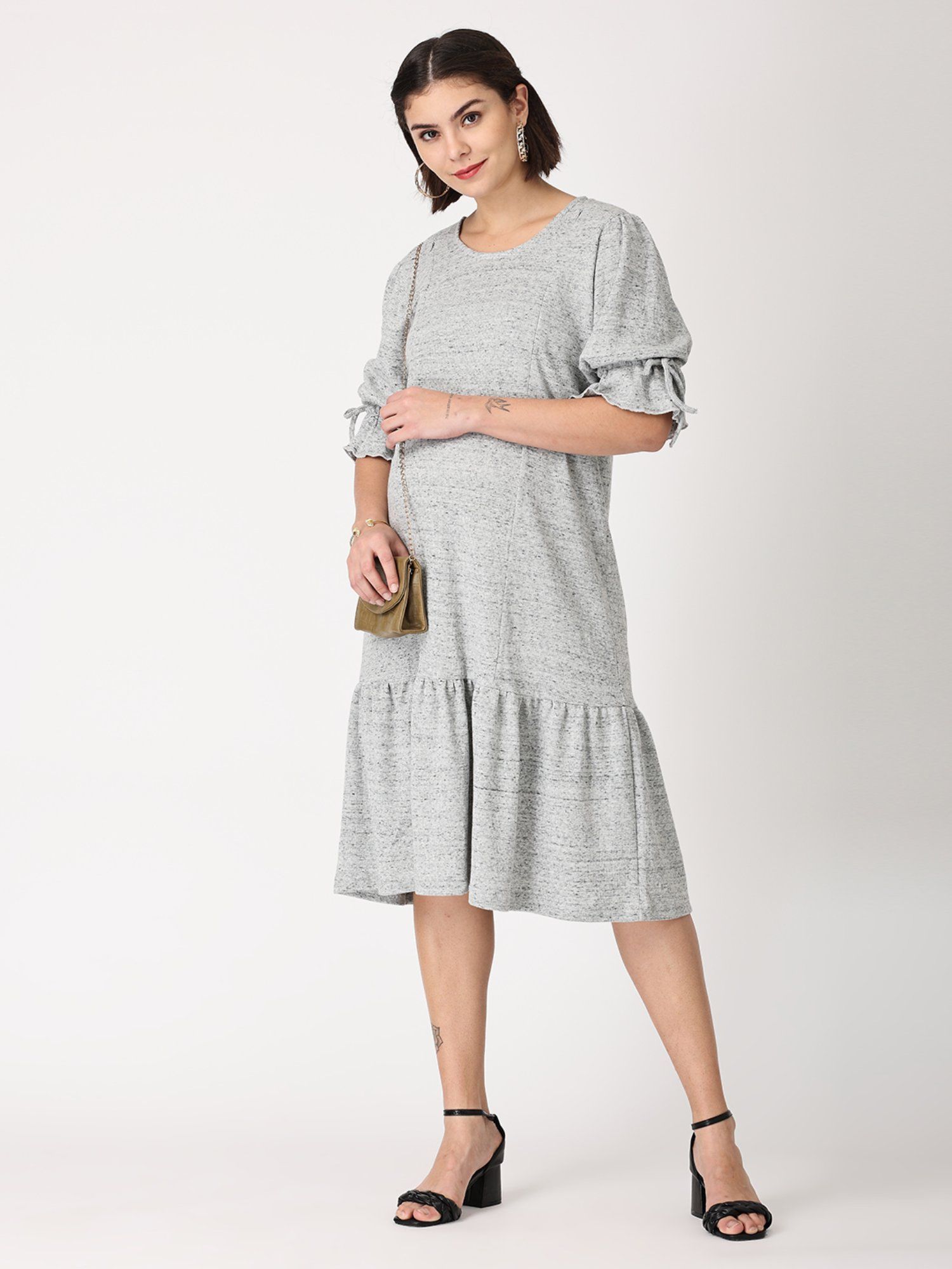 Grey Waffle Maternity Dress With Nursing-picture-44