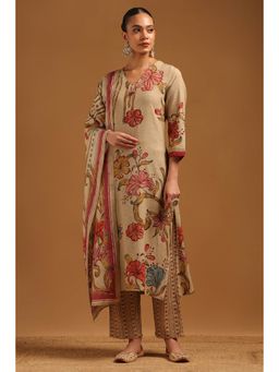 Soch - Beige Linen Floral Kurta With Pant & Dupatta