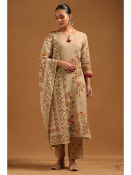 Soch - Beige Linen Floral Kurta With Pant & Dupatta