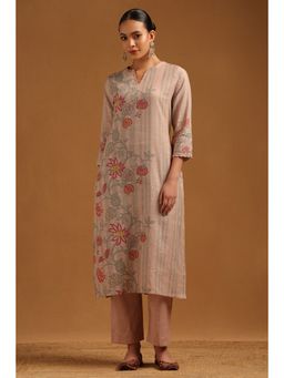 Soch - Beige Linen Floral Printed Kurta With Pant
