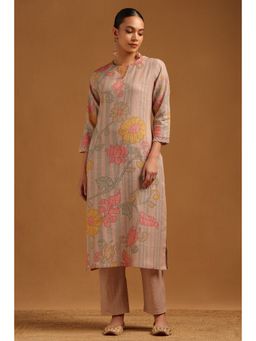 Soch - Beige Linen Botanical Kurta With Pant
