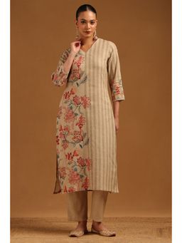 Soch - Beige Linen Floral Kurta With Pant