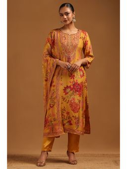 Soch - Mustard Muslin Floral Kurta With Pant & Dupatta