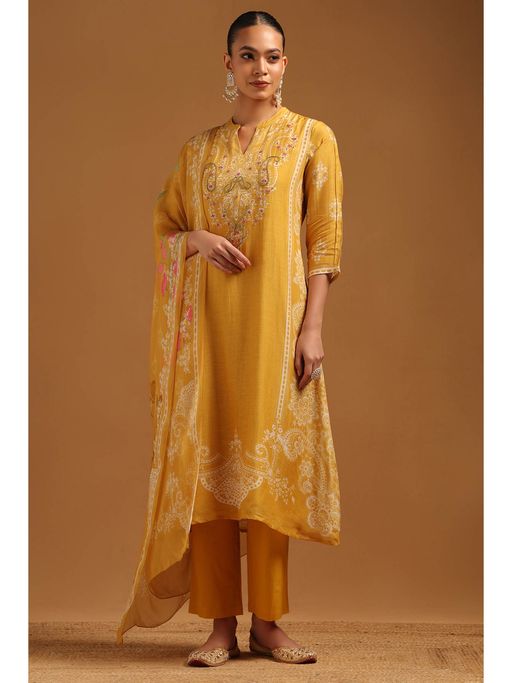 Soch Mustard Linen Botanical Thread Work Kurta With Pant & Dupatta