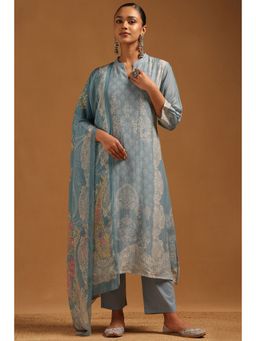 Soch - Powder Blue Linen Ethnic Motifs Kurta With Pant & Dupatta