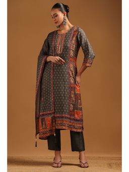 Soch - Grey Dola Silk Ethnic Motifs Kurta With Pant & Dupatta