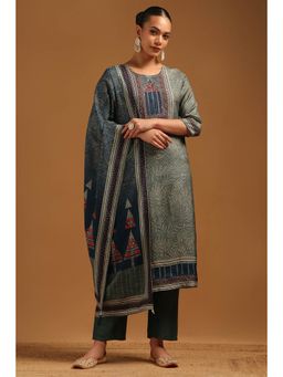 Soch - Teal Green Dola Silk Geometric Kurta With Pant & Dupatta