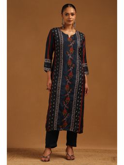 Soch - Navy Blue Russian Silk Floral Kurta With Pant