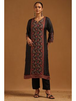Soch - Black Russian Silk Paisley Kantha Embroidered Kurta With Pant