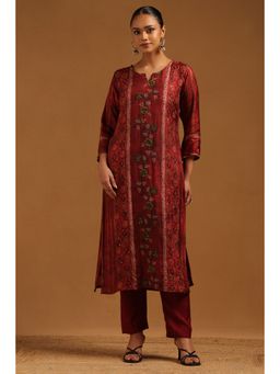 Soch - Maroon Russian Silk Botanical Kurta With Pant