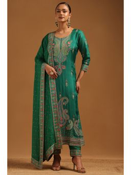 Soch - Green Russian Silk Ethnic Motifs Zari embellished Kurta With Pant & Dupatta