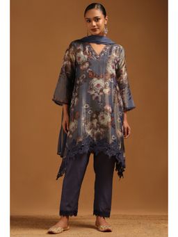 Soch - Purple Tissue Floral Aari Embroidered Kurta With Pant & Dupatta