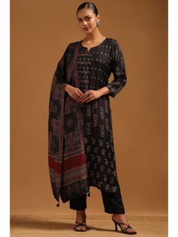 Soch - Black Russian Silk Ethnic Motifs Kantha Embroidered Kurta With Pant & Dupatta