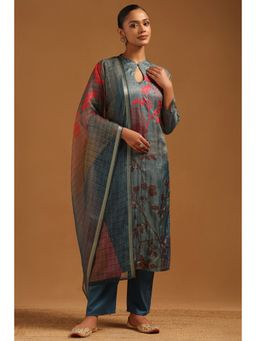 Soch - Teal Blue Kota Doria Botanical Kurta With Pant & Dupatta