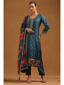 Soch - Teal Dola Silk Zari Woven Cutdana Kurta With Pant & Dupatta