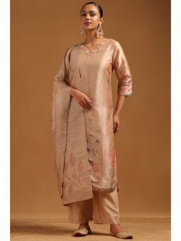 Soch - Peach Art Silk Botanical Kurta With Pant & Dupatta