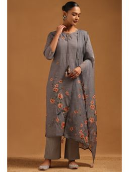 Soch - Grey Linen Botanical Kurta With Pant & Dupatta
