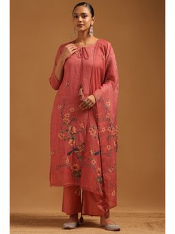 Soch - Peach Linen Botanical Kurta With Pant & Dupatta