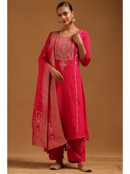 Soch - Fuchsia Chinon Zari Embroidered Kurta With Pant & Dupatta