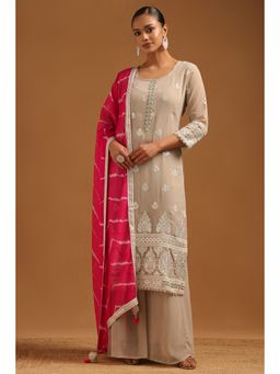 Soch - Grey Georgette Floral Embroidered Kurta With Palazzo & Dupatta