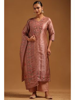 Soch - Peach Art Silk Botanical Embellished Kurta With Pant & Dupatta