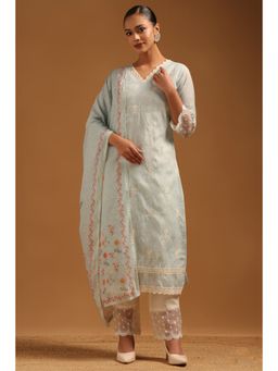 Soch - Powder Blue Linen Floral Chikankari Embroidered Kurta With Pant & Dupatta