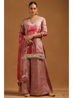 Soch - Pink Linen Floral Zari Embroidery Kurta With Palazzo & Dupatta