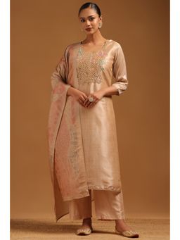 Soch - Beige Art Silk Solid Kurta With Pant & Dupatta