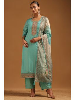 Soch - Turquoise Blue Shimmer Geometric Zari Embroidered Kurta With Pant & Dupatta