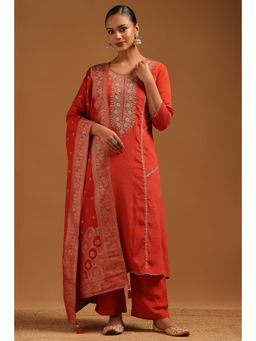 Soch - Rust Chinon Zari Embroidered Kurta With Pant & Dupatta
