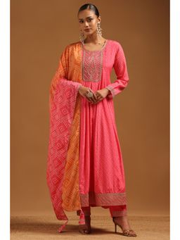 Soch - Pink Chinon Bandhani Zari Embroidered Kurta With Pant & Dupatta