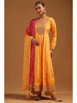 Soch - Mustard Chinon Bandhani Zari Embroidered Kurta With Pant & Dupatta