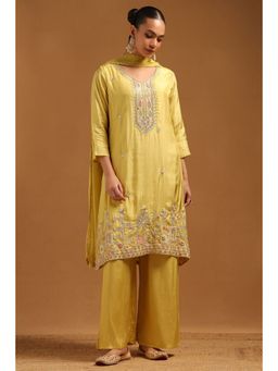 Soch - Yellow Roman Silk Botanical Cutdana Details Kurta With Palazzo & Dupatta