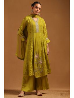 Soch - Green Dola Silk Floral Cutwork Kurta With Palazzo & Dupatta