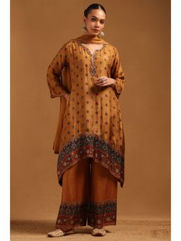 Soch - Gold Dola Silk Floral Aari Embroidery Cutdana Kurta With Palazzo & Dupatta