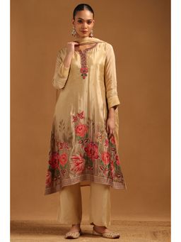 Soch - Beige Dola Silk Floral Aari Embroidery Kurta With Pant & Dupatta