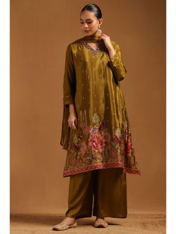 Soch - Olive Dola Silk Floral Aari Embroidery Kurta With Palazzo & Dupatta