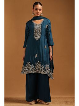 Soch - Teal Blue Roman Silk Floral Bead Details Kurta With Palazzo & Dupatta