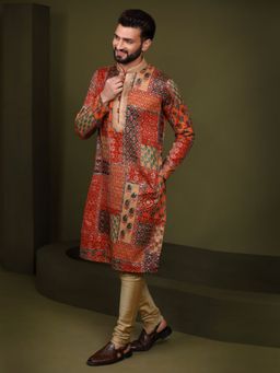 KISAH - Men Red Printed Cotton Blend Kurta Churidar Set with Abstract Print