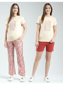 Monte Carlo - Women Beige Printed Regular Fit T-Shirt with Pyjama and Shorts (Set of 3)