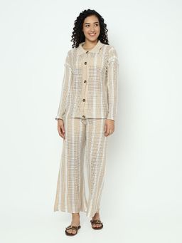 SHOWOFF - Women Beige Stripes Relaxed Fit Co-Ord (Set of 2)