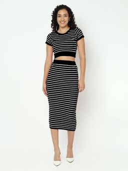 SHOWOFF - Women Black Stripes Bodycon Fit Top with Skirt (Set of 2)