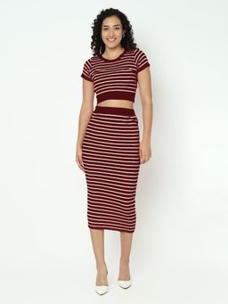 SHOWOFF - Women Maroon Stripes Bodycon Fit Top with Skirt (Set of 2)
