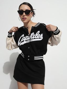 SHOWOFFFF - Women Black Typography Relaxed Fit Top with Skirt (Set of 2)